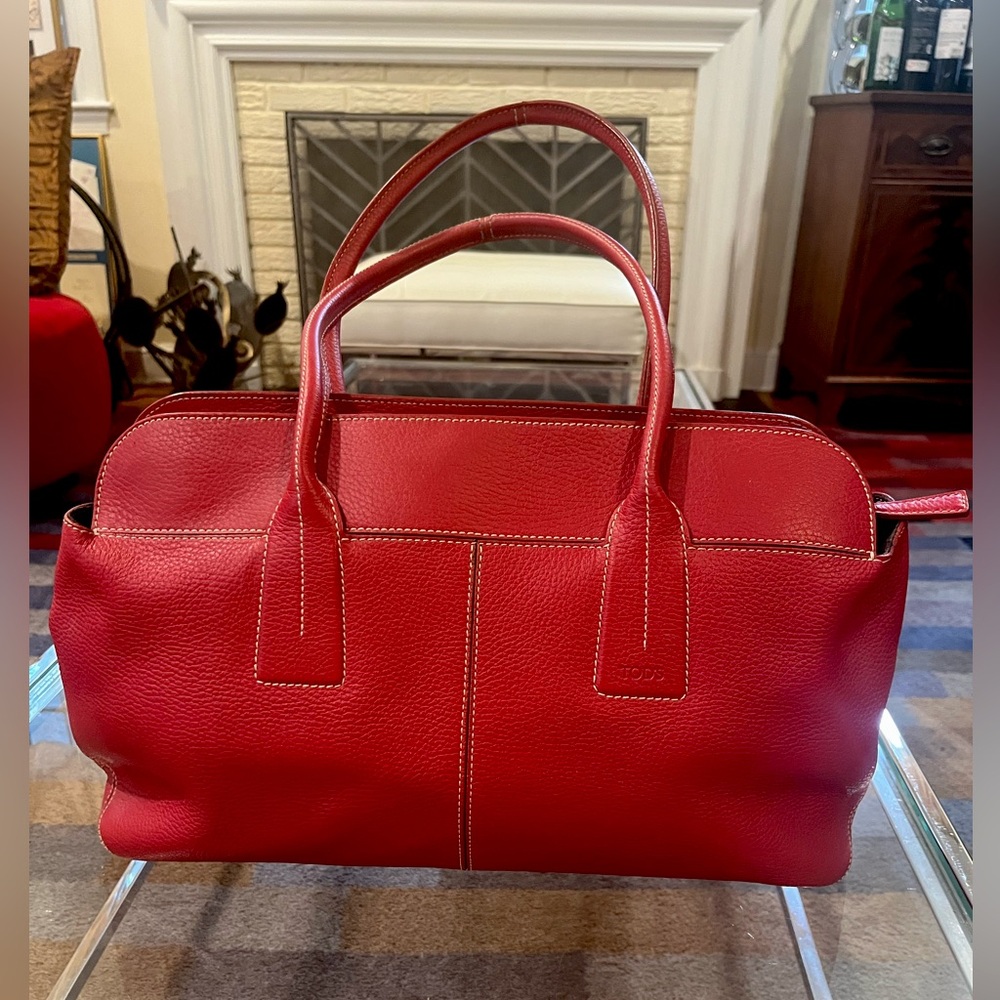 Tod's Tote Bag Purse Red Leather Large Capacity